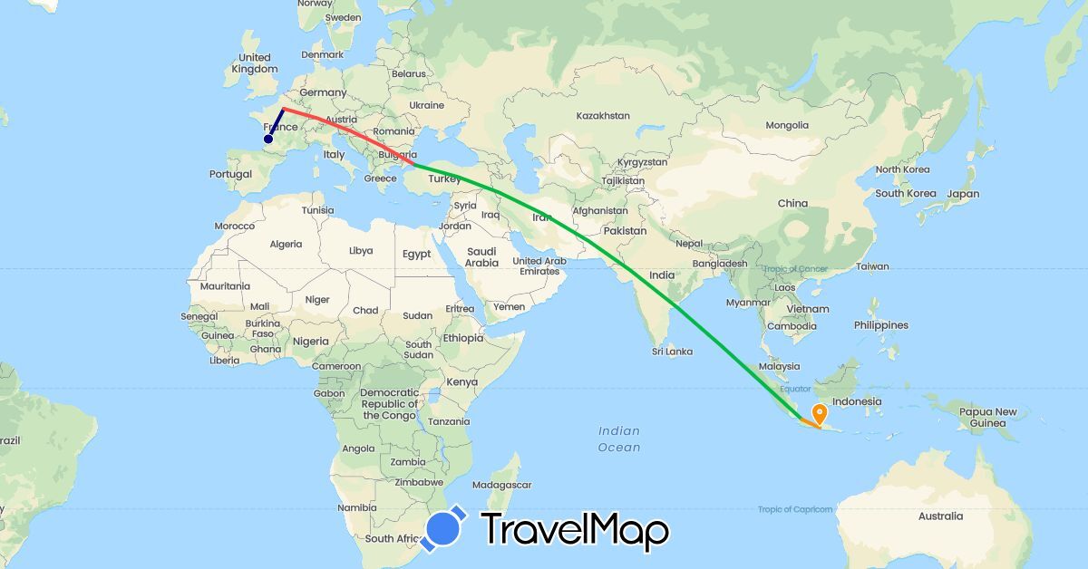 TravelMap itinerary: driving, bus, hiking, hitchhiking in France, Indonesia, Turkey (Asia, Europe)
